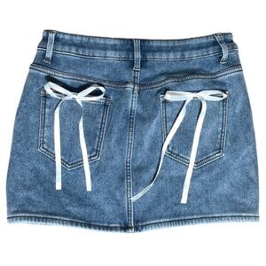 Y2K Denim Mini Skirt with White Bow Detail – Size L (US 8/10)